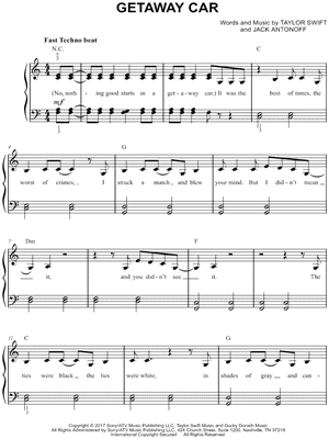 Getaway Car Sheet Music by Taylor Swift - Easy Piano