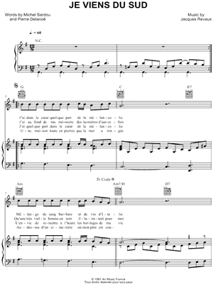 Michel Sardou Je Viens Du Sud Sheet Music In G Major Download Print Sku Mn0183564