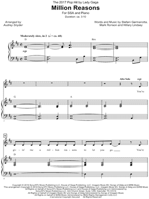 Million Reasons - 5 Prints Sheet Music by Lady Gaga - SSA Choir + Piano