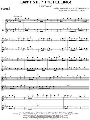Justin Timberlake - Can't Stop the Feeling! - Flute Duet - (from Trolls) - Sheet Music (Digital Download)
