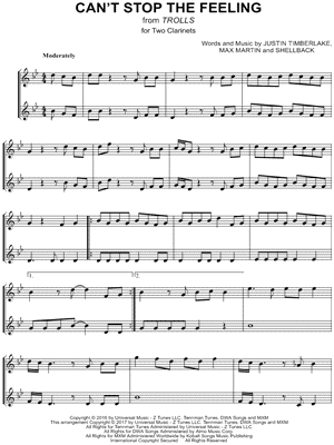 Justin Timberlake - Can't Stop the Feeling! - Clarinet Duet - (from Trolls) - Sheet Music (Digital Download)