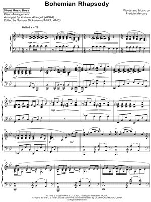 Sheet Music Boss Bohemian Rhapsody Sheet Music Piano Solo In Bb Major Download Print Sku Mn0188957