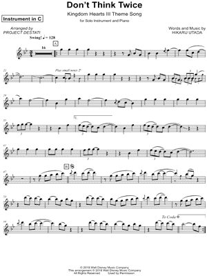 Hikaru Utada - Don't Think Twice - C Instrument - (Kingdom Hearts III Theme Song) - Sheet Music (Digital Download)