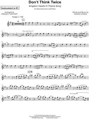 Hikaru Utada - Don't Think Twice - Eb Instrument - (Kingdom Hearts III Theme Song) - Sheet Music (Digital Download)