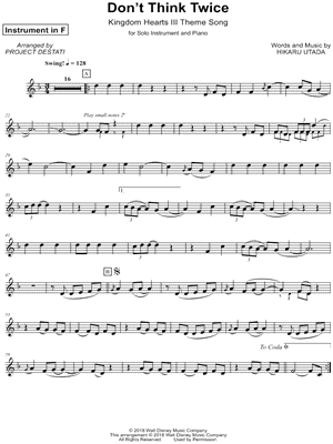 Hikaru Utada - Don't Think Twice - F Instrument - (Kingdom Hearts III Theme Song) - Sheet Music (Digital Download)