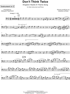 Hikaru Utada - Don't Think Twice - Bass Clef Instrument - (Kingdom Hearts III Theme Song) - Sheet Music (Digital Download)