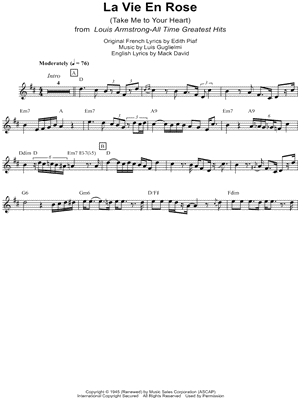 Louis Armstrong La Vie En Rose Sheet Music Trumpet Solo In D Major Download Print Sku Mn