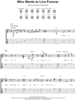 Who Wants to Live Forever Sheet Music by Queen - Easy Guitar TAB