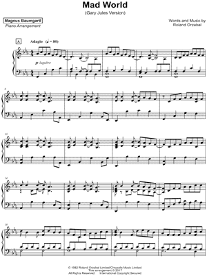 MAD WORLD - Gary Jules (EASY) with Lyrics Sheet music for Piano (Solo)