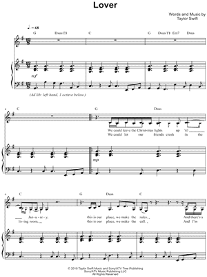 Taylor Swift Lover Sheet Music In G Major Transposable