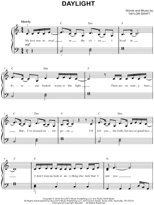 Daylight Sheet Music by Taylor Swift - Easy Piano