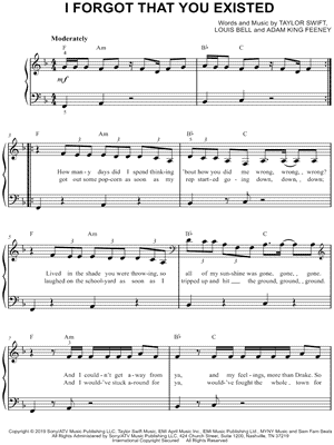 I Forgot That You Existed Sheet Music by Taylor Swift - Easy Piano