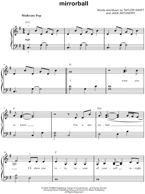 mirrorball Sheet Music by Taylor Swift - Easy Piano