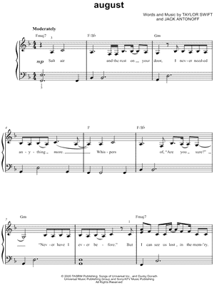 august Sheet Music by Taylor Swift - Easy Piano