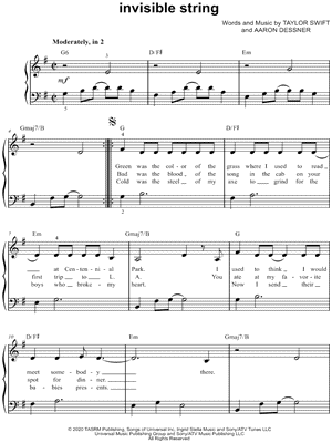 invisible string Sheet Music by Taylor Swift - Easy Piano