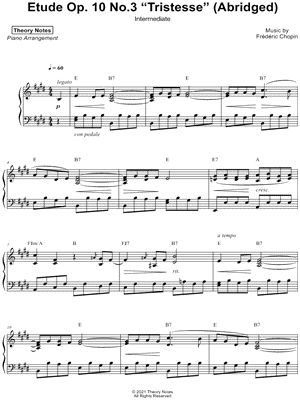 Theory Notes - Etude in E Major, Op. 10, No.3: Tristesse [intermediate] - (Abridged) - Sheet Music (Digital Download)