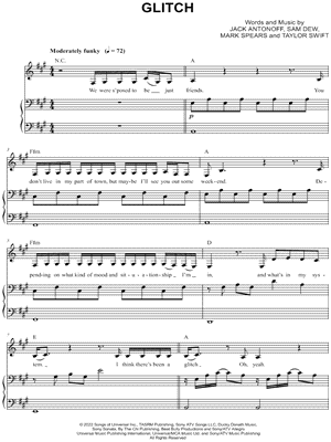 Glitch by Taylor Swift - Piano, Vocal, Guitar - Digital Sheet