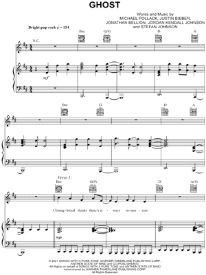 Justin Bieber: Ghost sheet music for voice, piano or guitar (PDF)