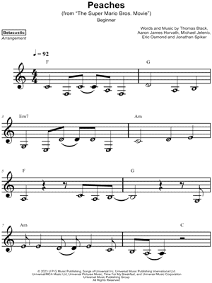 Peaches Peaches grade 2 Digital Piano Sheet With Audio Sample and Note  Names 