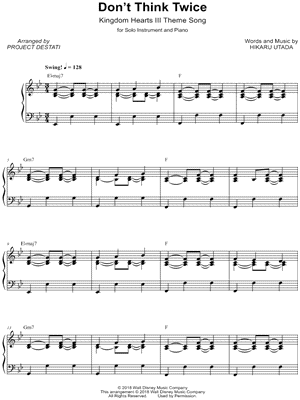 Don't Think Twice (Kingdom Hearts) - Hikaru Utada Sheet music for Piano  (Solo)