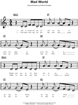 Mad World Sheet Music | Gary Jules | Piano Chords/Lyrics