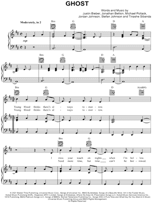 Justin Bieber: Ghost sheet music for voice, piano or guitar (PDF)