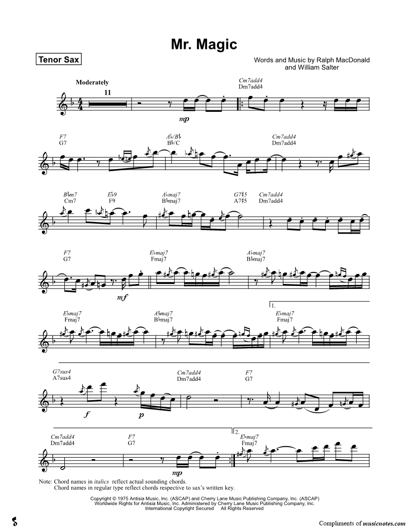 Grover Washington Jr. "Mr. Magic" Sheet Music (Tenor Saxophone Solo) in D Minor (transposable) - Download & Print - SKU: MN0118228