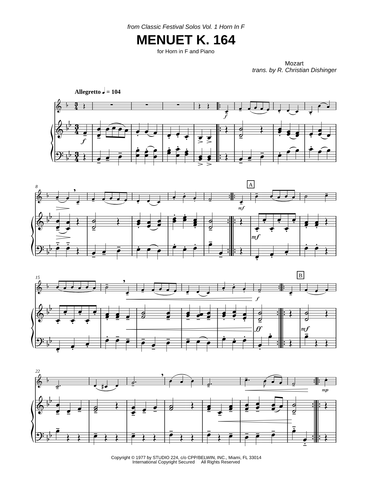 Menuet French Horn Sheet Music by Wolfgang Amadeus Mozart