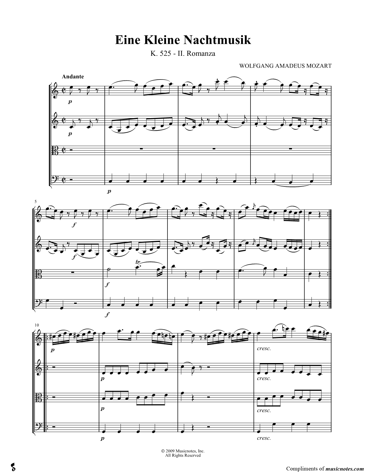 Collection: Eine Kleine Nachtmusik: II. Romanza for String Quartet