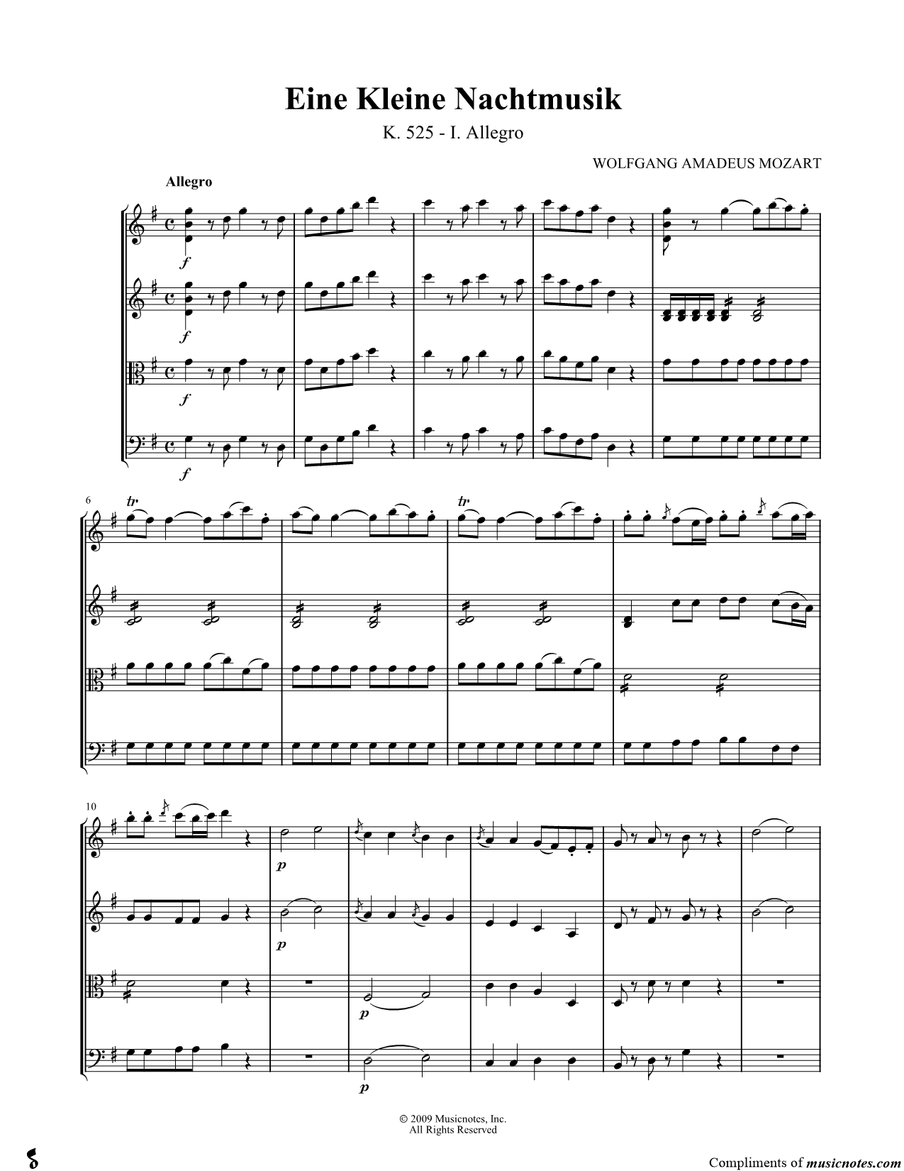 Collection: Eine Kleine Nachtmusik: I. Allegro for String Quartet