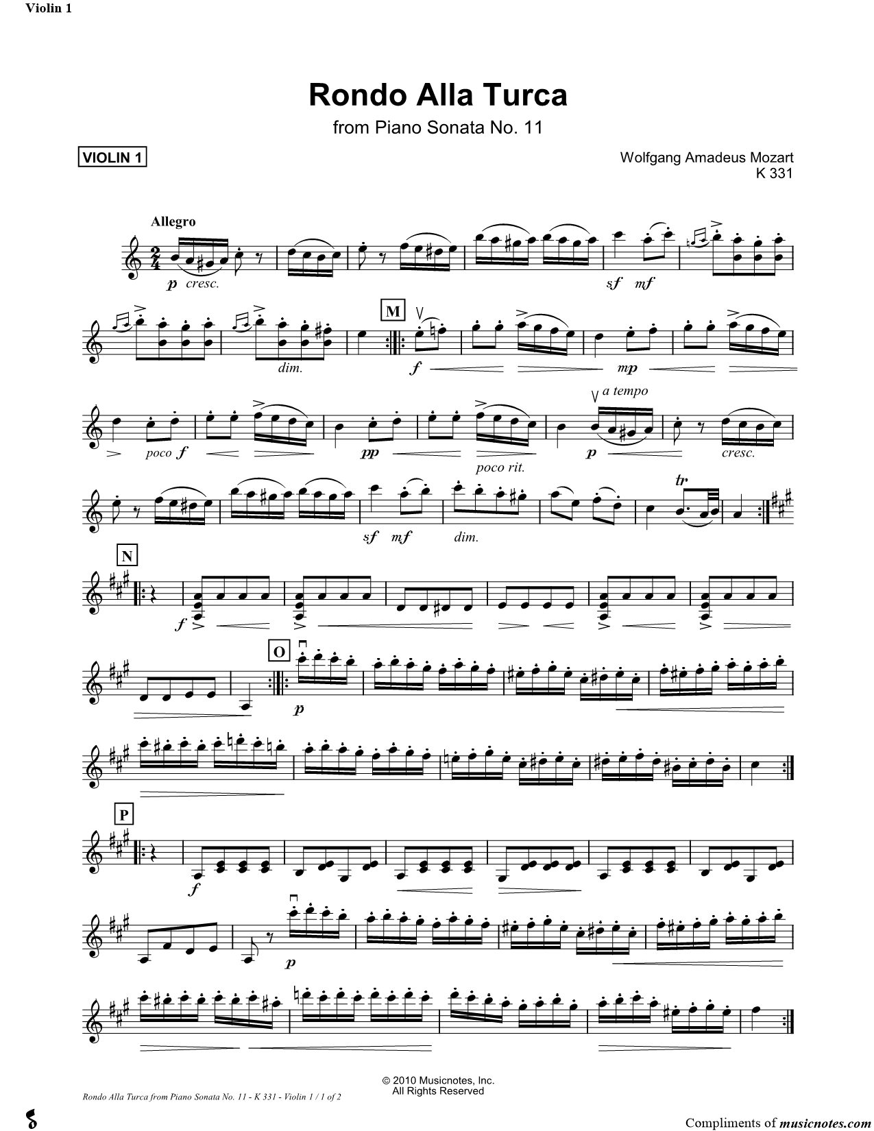 Collection: Rondo Alla Turca, from Piano Sonata No. 11, K 331 - Violin Duet