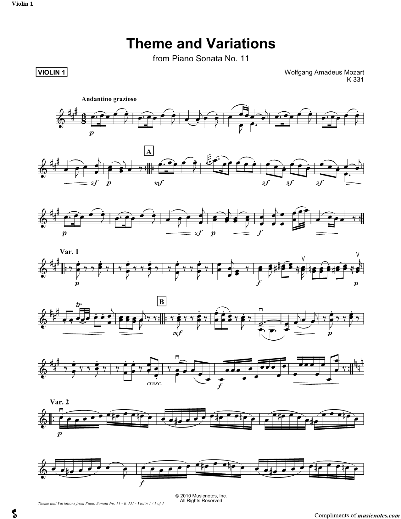 Collection: Theme and Variations from Piano Sonata No.11, K 331 - Violin Duet
