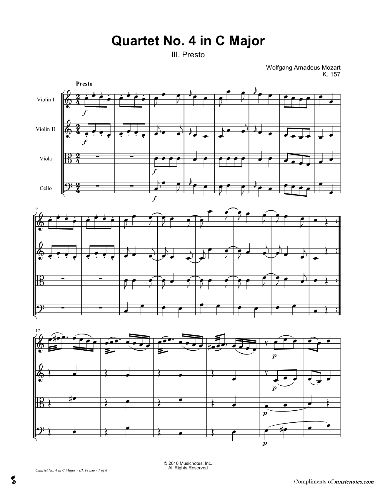 Collection: String Quartet No. 4 In C Major, K. 157: III. Presto