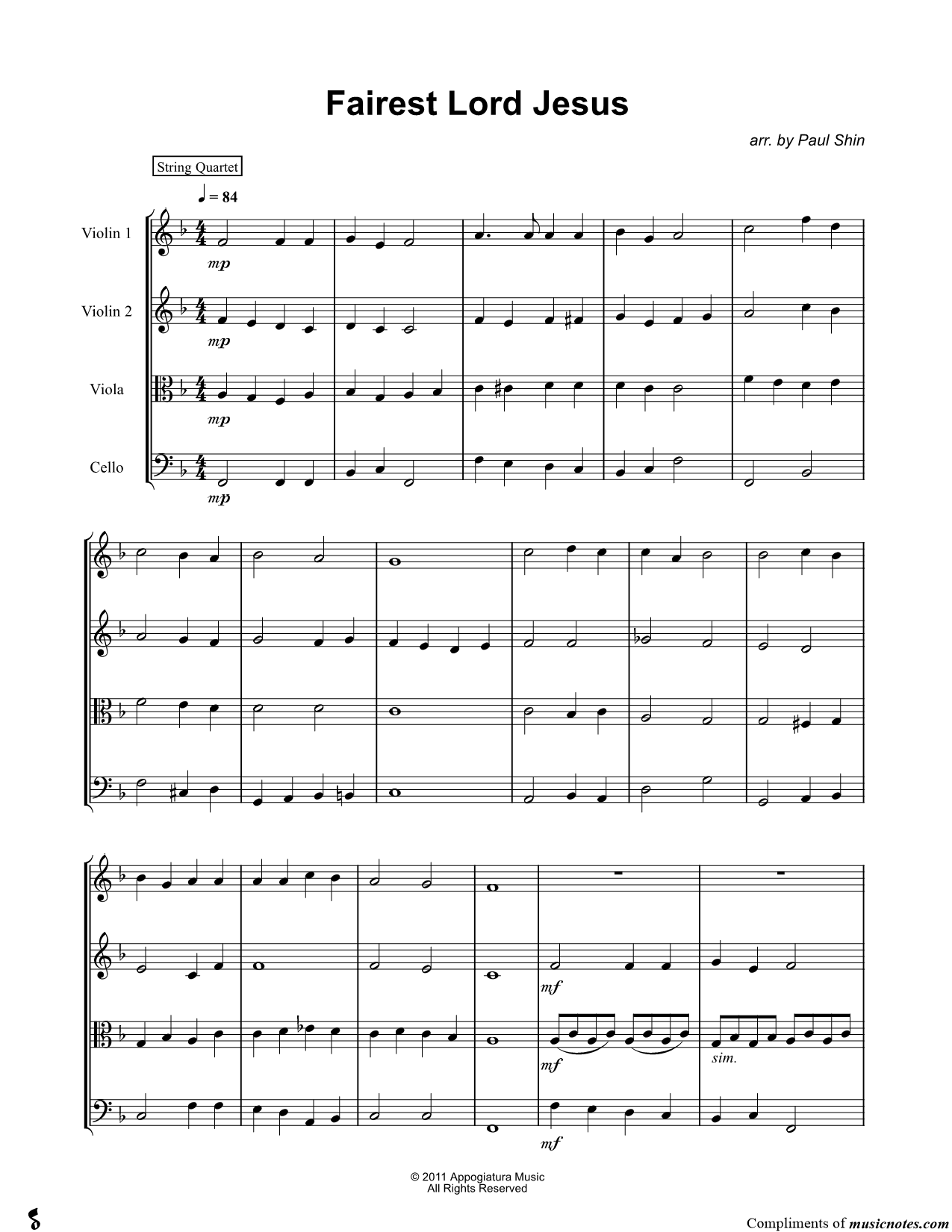 Collection: Fairest Lord Jesus - String Quartet