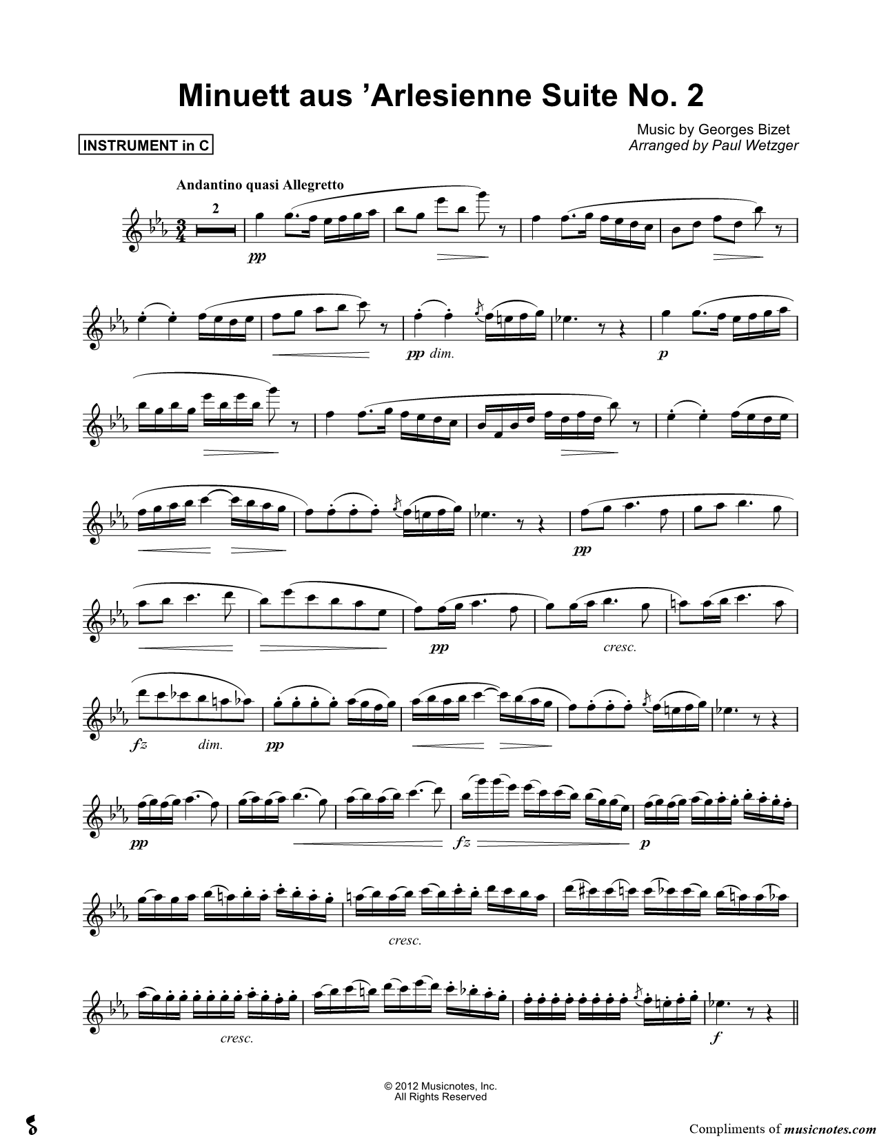 Collection: Menuet from L'Arlesienne Suite No. 2 - C Instrument & Piano