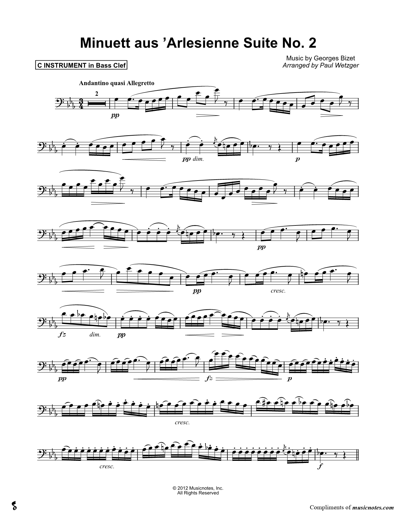 Collection: Menuet from L'Arlesienne Suite No. 2 - Bass Clef Instrument & Piano