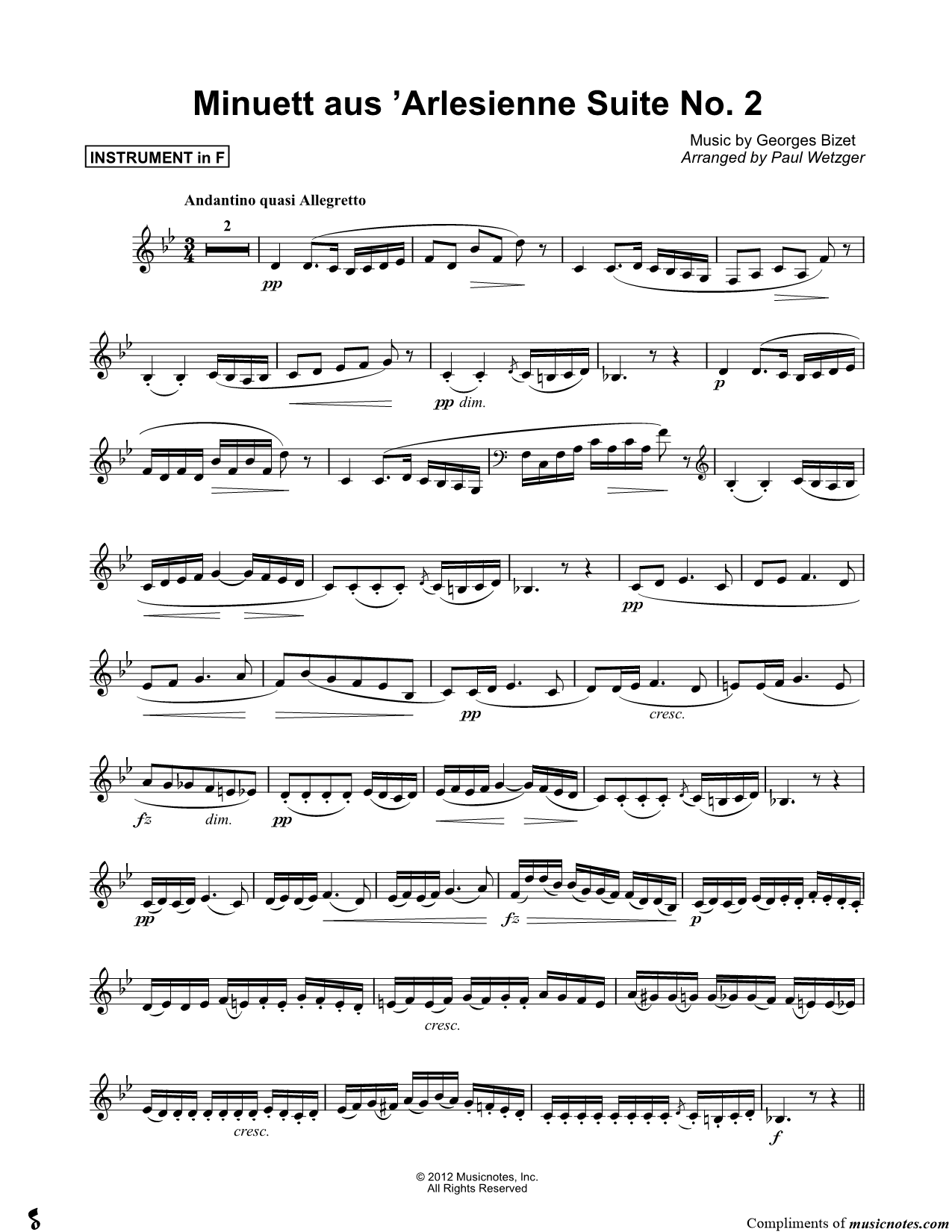 Collection: Menuet from L'Arlesienne Suite No. 2 - F Instrument & Piano