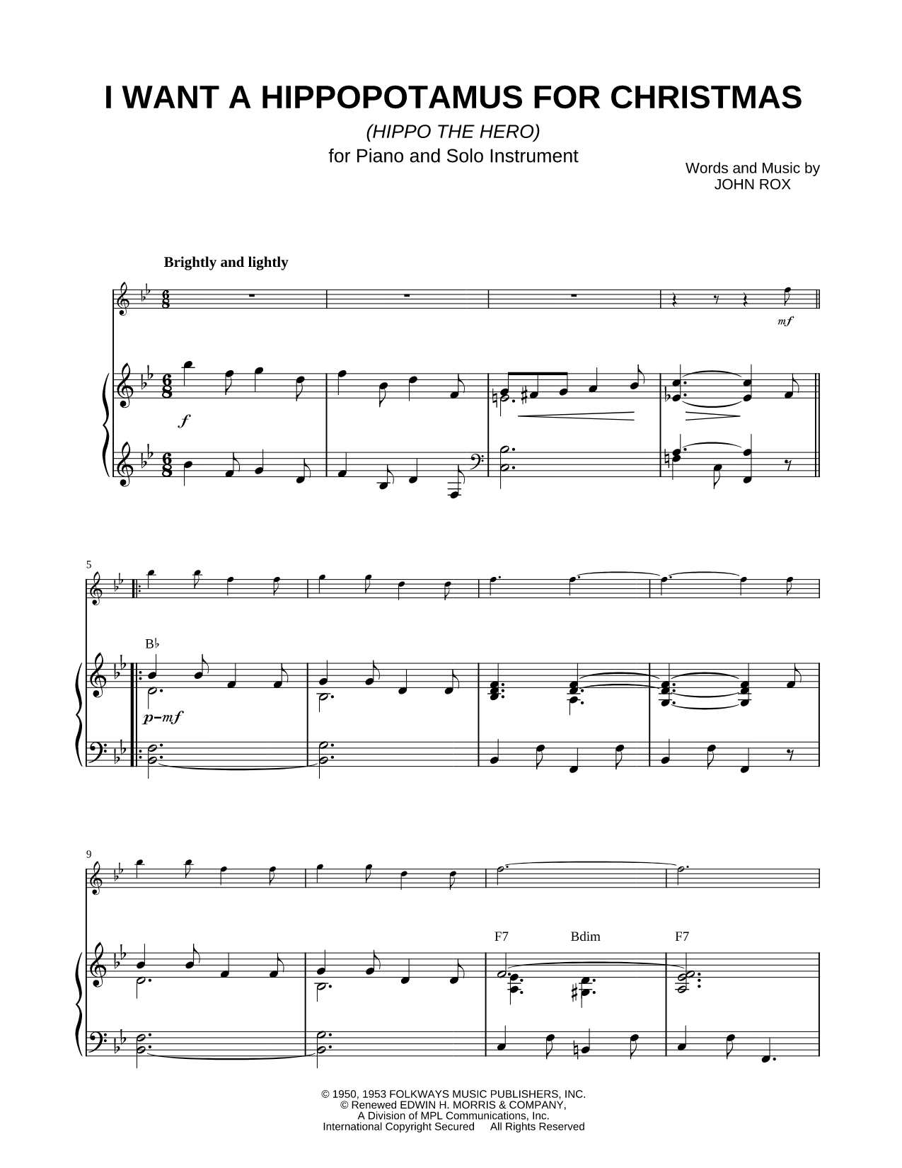 Collection: I Want a Hippopotamus for Christmas - Bass Clef Instrument & Piano