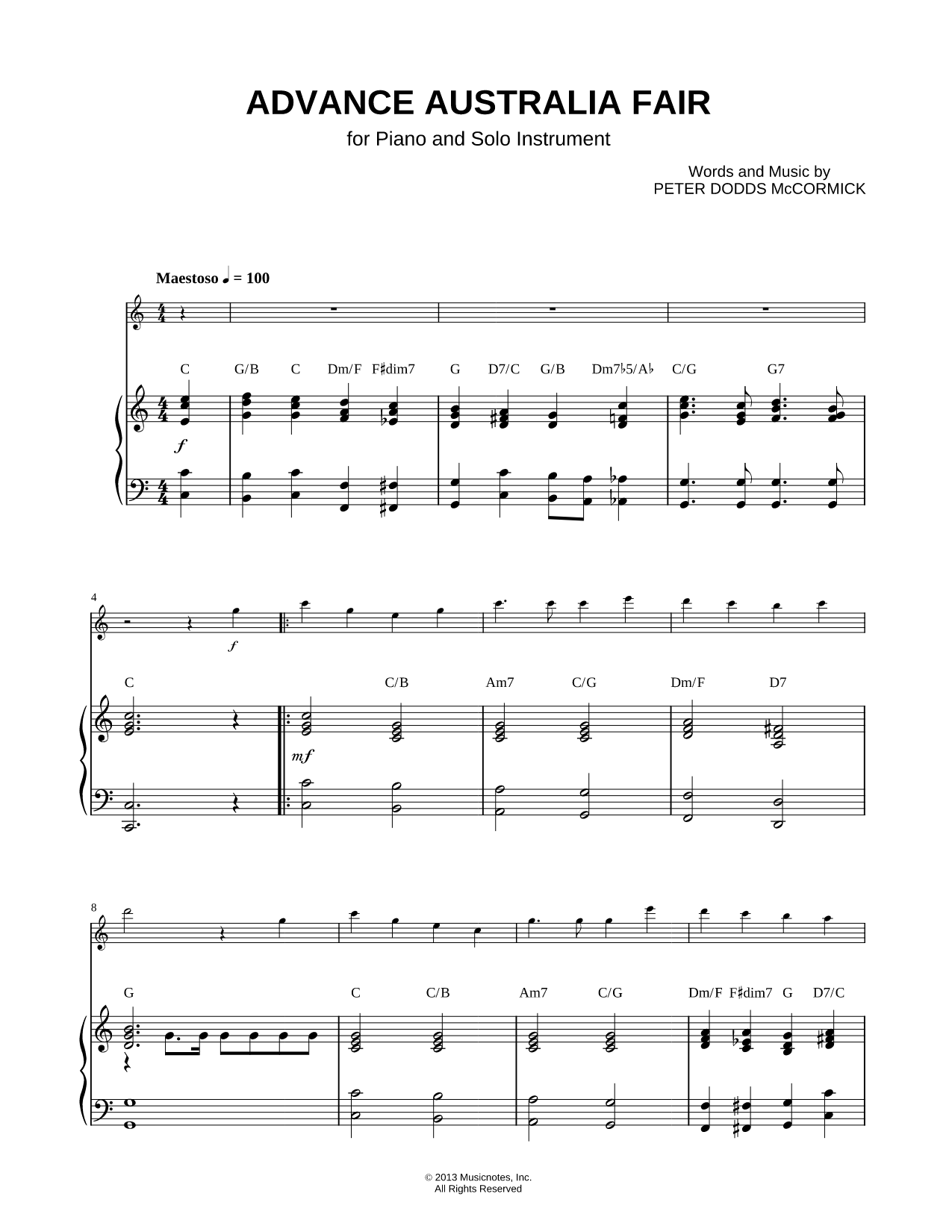 Collection: Advance Australia Fair - Bass Clef Instrument & Piano Accompaniment