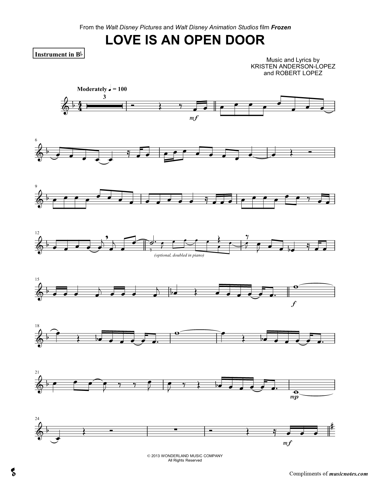 Collection: Love is an Open Door - Bb Instrument & Piano