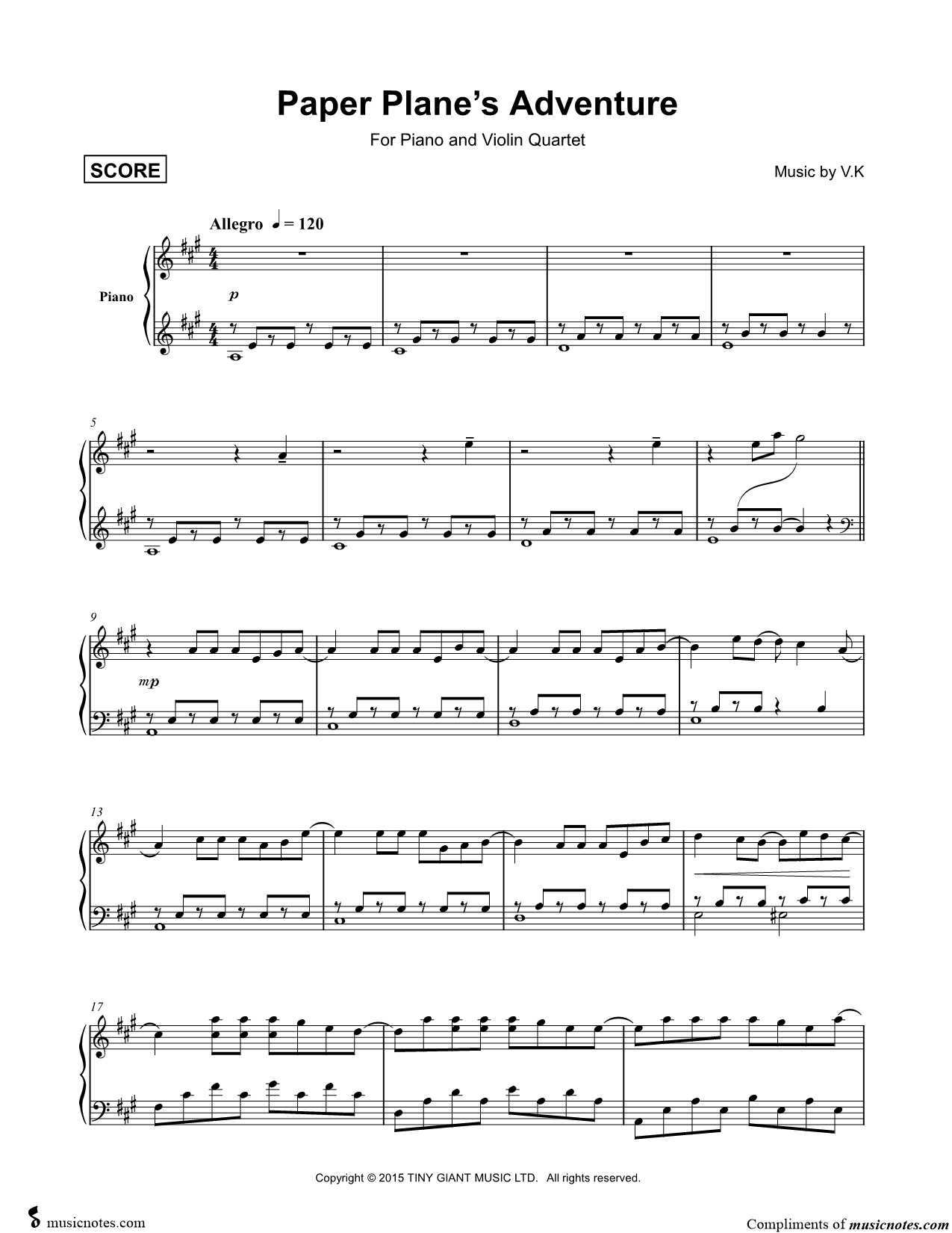 Collection: Paper Plane's Adventure - Piano with Violin Quintet