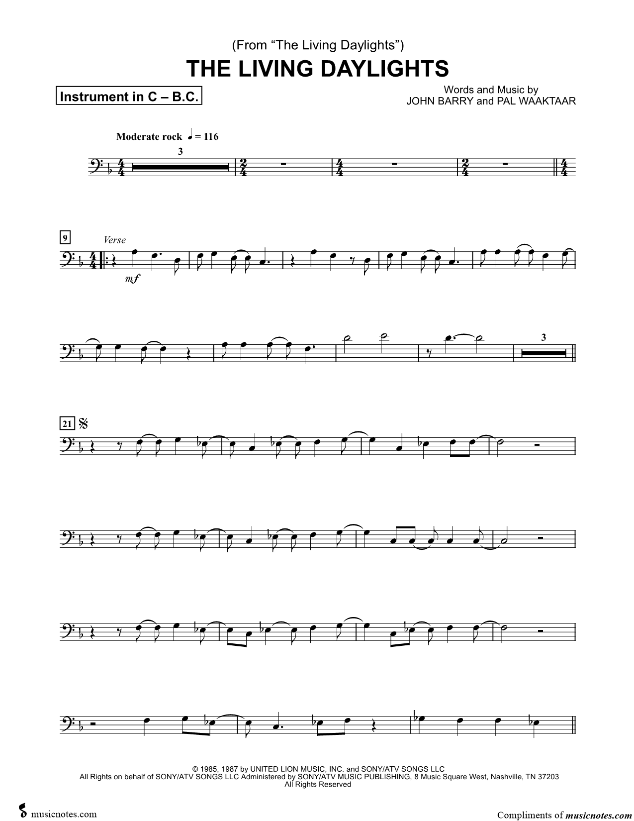Collection: The Living Daylights - Bass Clef Instrument & Piano
