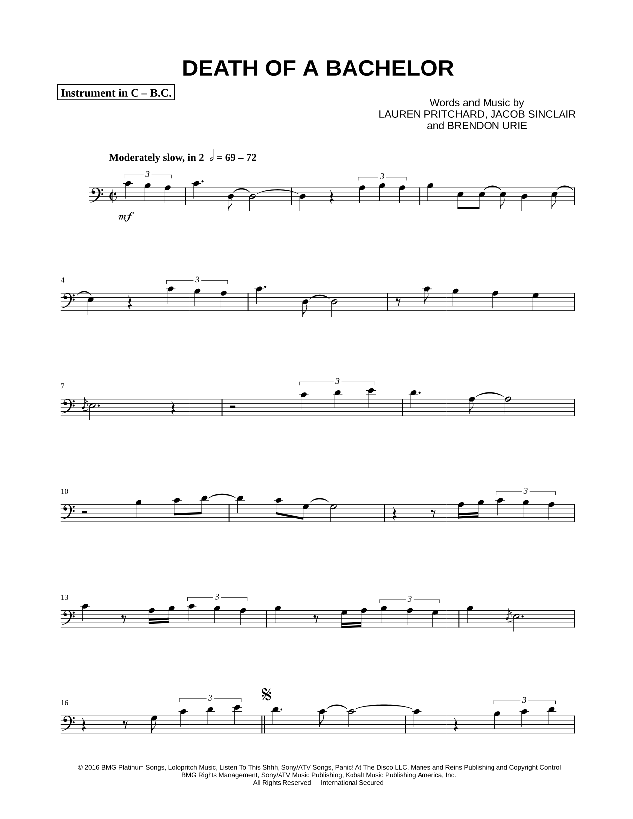 Collection: Death of a Bachelor - Bass Clef Instrument & Piano