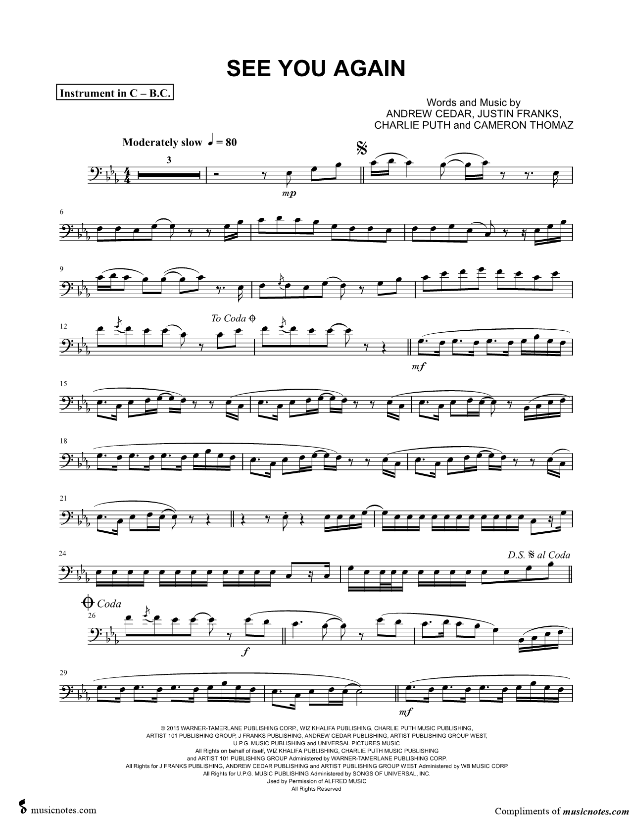 Collection: See You Again - Bass Clef Instrument & Piano
