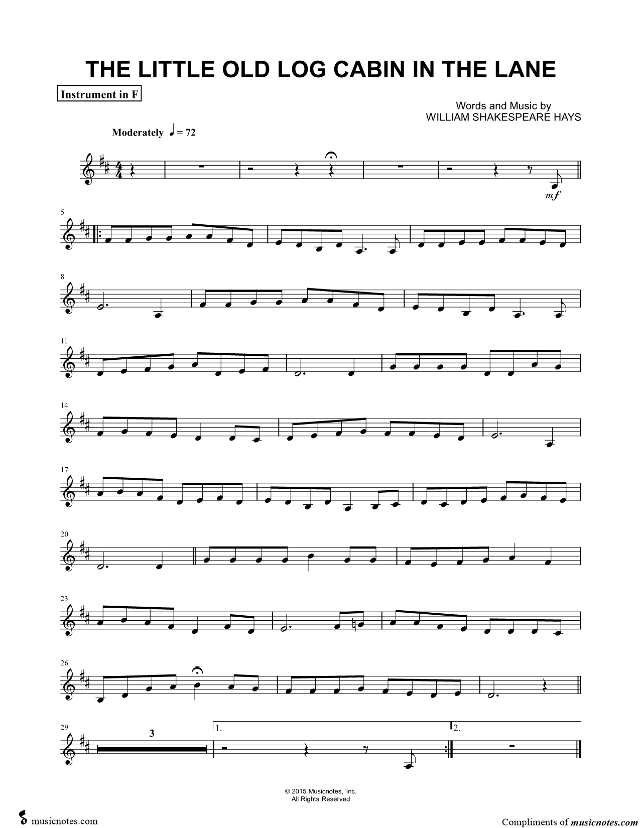 Collection: The Little Old Log Cabin in the Lane - F Instrument & Piano