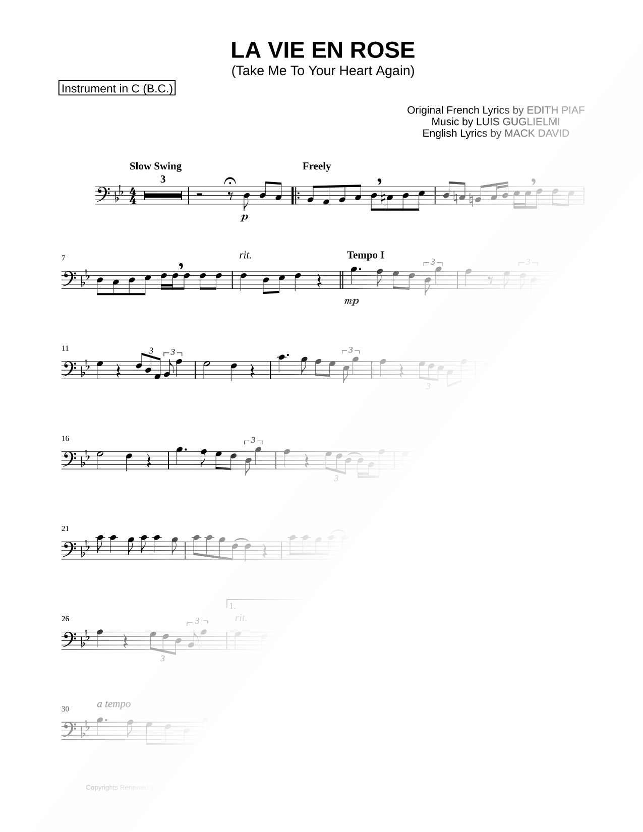 Collection: La Vie en rose - Bass Clef Instrument & Piano