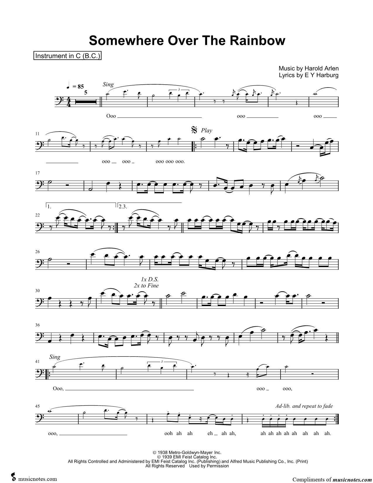 Collection: Over the Rainbow - Bass Clef Instrument & Piano