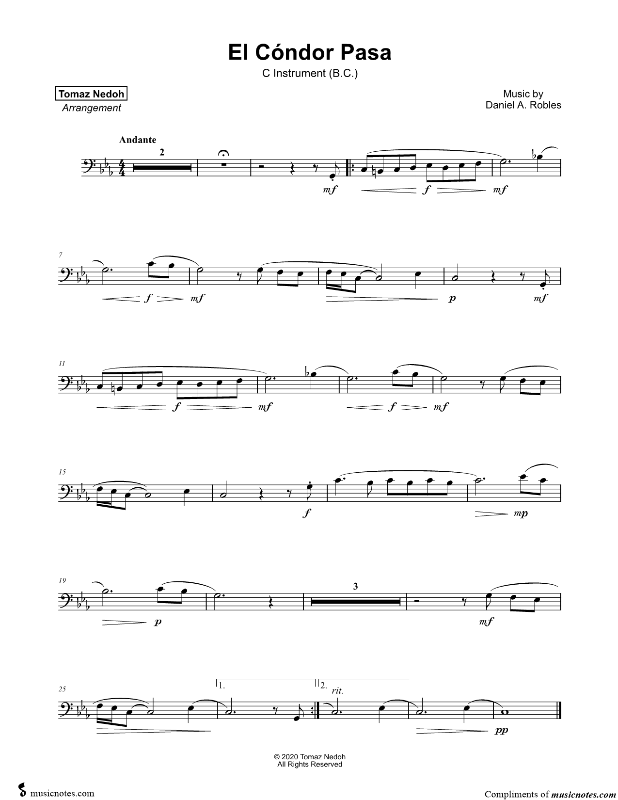 Collection: El Cóndor Pasa - Bass Clef Instrument & Piano