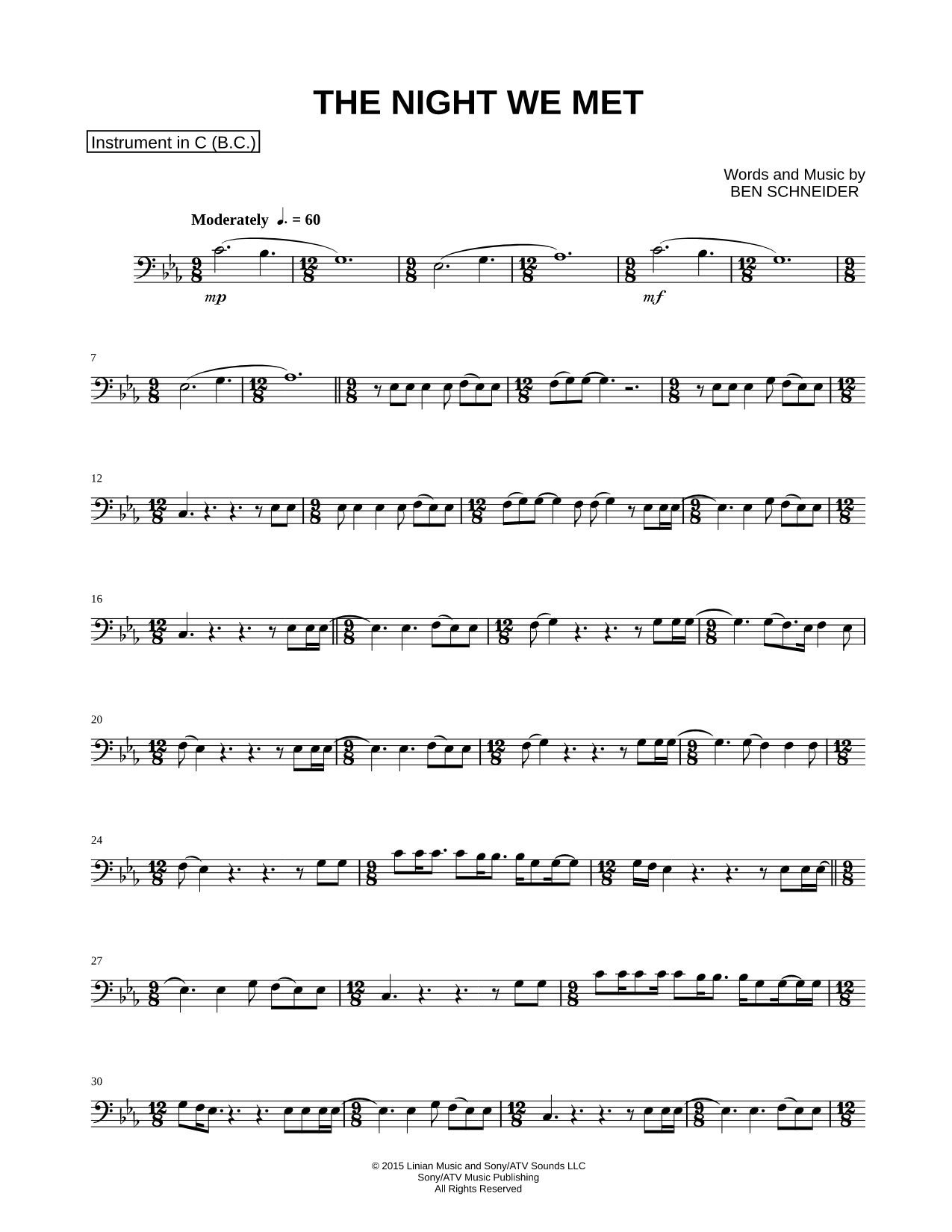 Collection: The Night We Met - Bass Clef Instrument & Piano