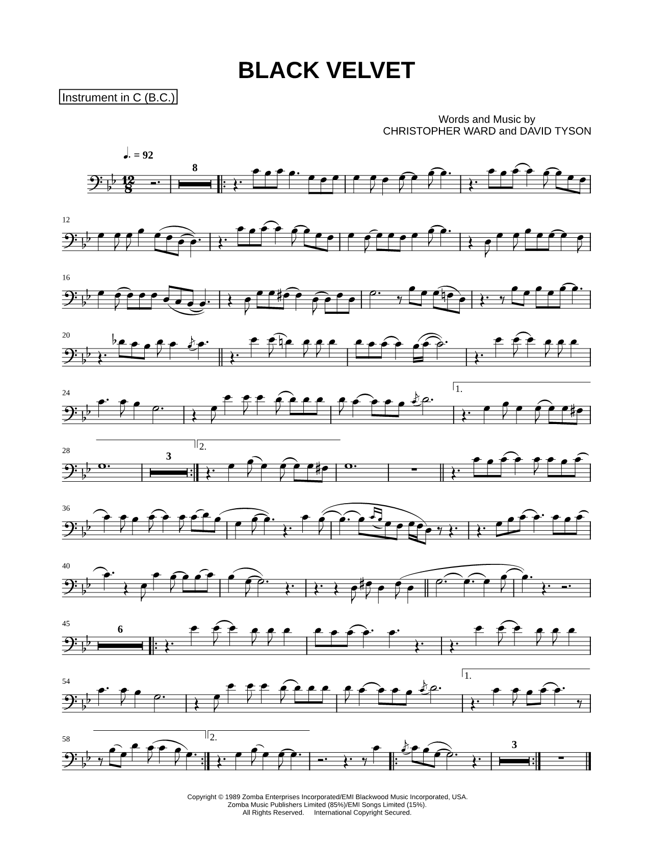Black Velvet - Bass Clef Instrument & Piano
